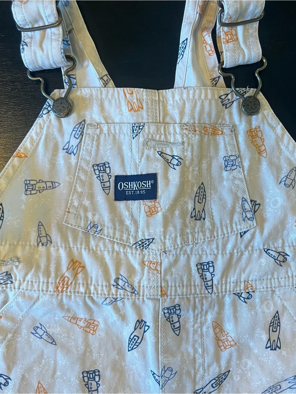 OshKosh B'gosh Y2K White Overalls with Blue and Orange Rocket Print 24m